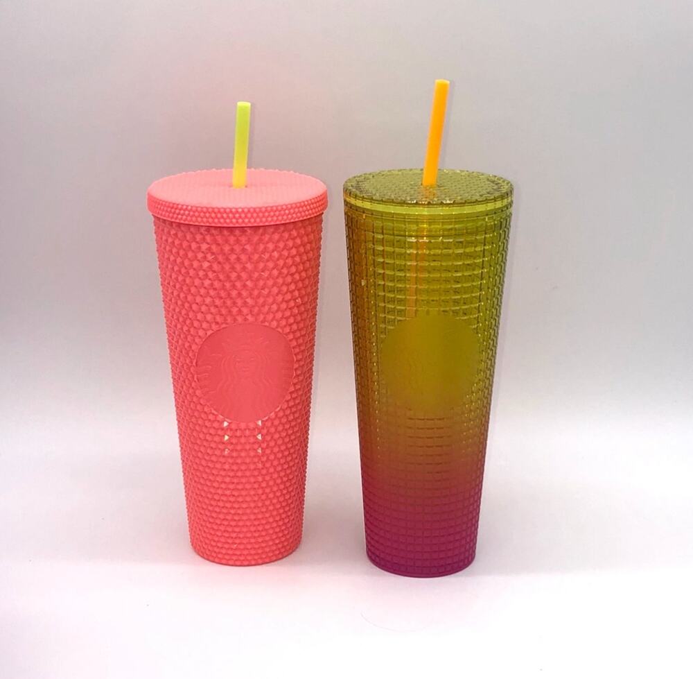2 Starbucks Pink Yellow Ombre Grid Dragonfruit Studded 24oz Cold Cup Tumbler NEW